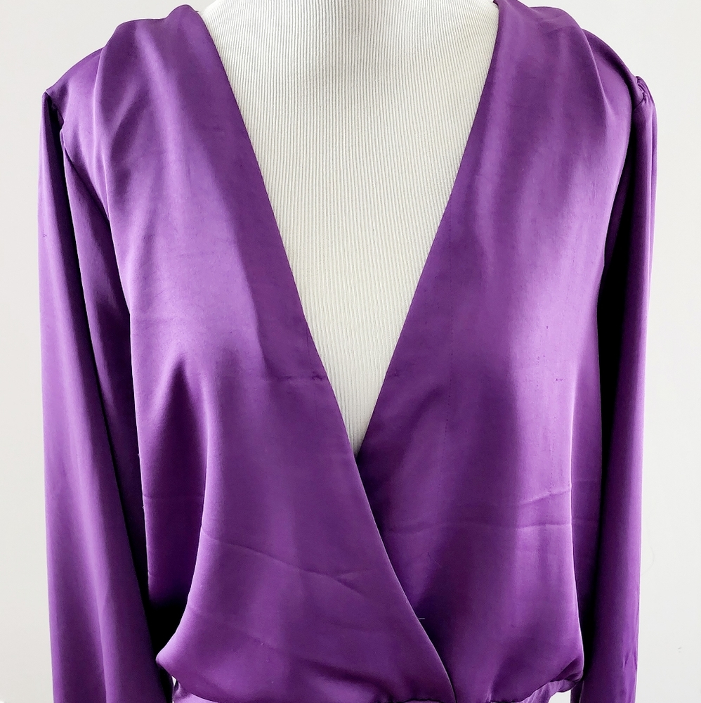 Deep purple wrap front satin bodysuit